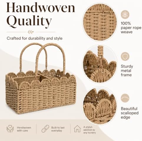 Large Wicker Diaper Caddy Organizer, Scalloped Nursery Basket for Changing Table, Woven Rope Baby Holder with Removable Divider, Portable Organizer for Diapers Wipes Clothes Toys & Essentials (Brown) - Image 6