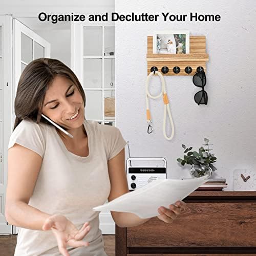 Lwenki Key Holder for Wall, Decorative Key and Mail Holder with Shelf Has Large Key Hooks for Bags, Coats – Paulownia Wood Key Hanger with Mounting Hardware (9.8”W x 6.7”H x 4.2”D) (Burnt Wood) - Image 6