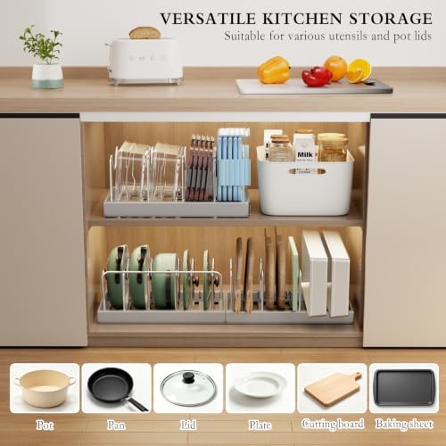 CICUFY 4 Pack Pots and Pans Organizer Under Cabinet, 12"-23" Pot Lid Holder Rack Inside Cabinet with 10 Adjustable Dividers, Pan Lid Organizer with Guardrail For Kitchen Countertop, Gray - Image 5