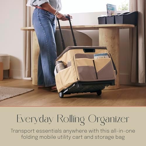 Folding Mobile Utility Cart, Canvas Organizer Bag, Chocolate/Sand - Image 3