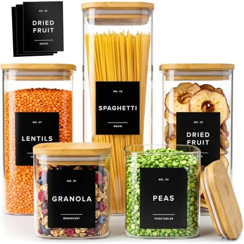 Glass Pantry Storage Jars Containers with Bamboo Lids and Labels - Set of 5 by EDELHAUS