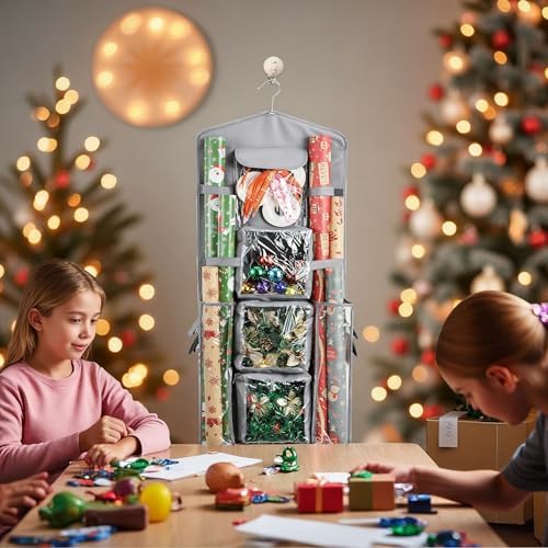 Hanging Wrapping Paper Storage Organizer, Double-Sided Gift Wrap Holder, 360° Rotating Gift Bag Storage Organizer for Your craft, Accessories, Gift Warp Supply, Wrap Ribbon and Stationery (Grey) - Image 6