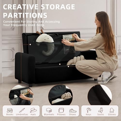 48" Ottoman with Storage, Tufted Storage Ottoman Bench, Convenient Living Room Fabrics Bench Seat, Entryway Shoe Benches with Inner Zipper & Arm, Rivetless Upholstered Window Seat Ottomans, Black - Image 4
