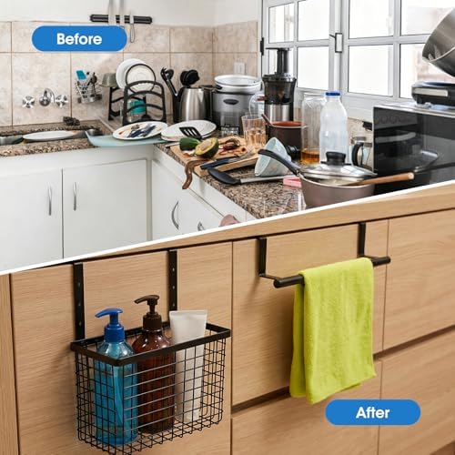 Cabinet Door Organizer with Towel Bar, Hang over Cabinet Door Storage, Under Sink & Kitchen Cabinet Organizer for Cutting Board, Baking Sheet, Foil, Plastic Wrap, Carbon Steel, 2 Pack - Image 7