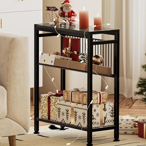 End Table for Small Space, 3-Tier Narrow Side Table with Magazine Holder,Slim Nightstand, Skinny Snack Couch Table in Living Room, Bedroom Study and Balcony (Grey) - Image 2