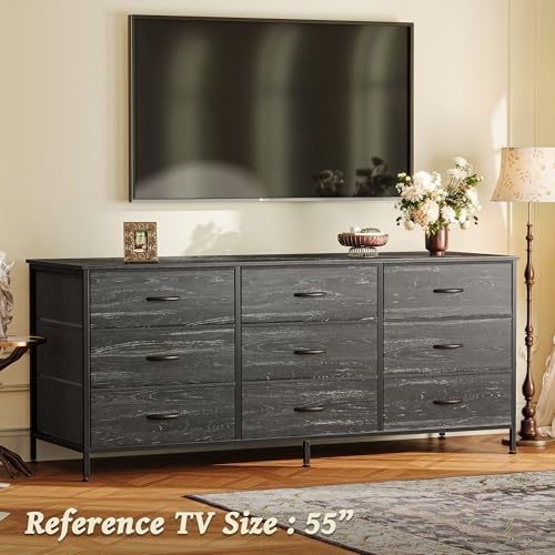 Huuger Long Dresser for Bedroom, 55 Inch TV Stand for 55, 60 Inch TV, Entertainment Center with Drawers, Large Storage, 9 Fabric Drawers Dresser for Closet, Charcoal Black Wood Grain Print - Image 2