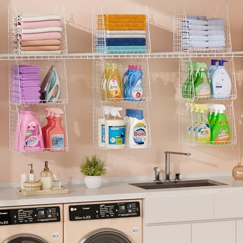 3-Pack Extra-Tall 13.6'' Hanging Laundry Basket Organizer, Foldable Wire Shelf with 360° Rotating Hooks & Reinforced Height - Durable Space-Saving Laundry Room & Closet Organizer, White Patent - Image 5