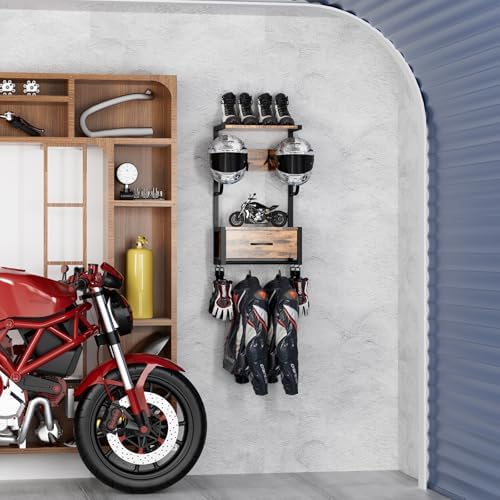 Motorcycle Helmet Holder Wall Mounted, Helmet Holder Wall Mount with Helmets Rack and Hooks for for 6 Helmets, Riding Suits & Accessories, Sturdy Construction Storage Organizer for Entryway or Garage - Image 5
