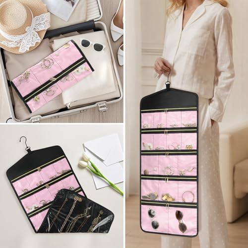 CHICECO Travel Jewelry Holder Organizer,Hanging Jewelry Organizer Storage with Zippered Pockets for Cloest,Jewelry Holder for Earrings, Necklaces (Pink Black) - Image 4