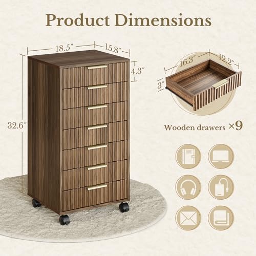7 Drawer File Cabinet with Wheels for Home Office, Black Walnut - Image 2