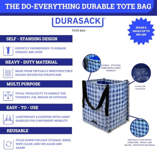 DURASACK Heavy Duty Storage Tote Bag 22-Gallon, Gingham Blue - Image 3