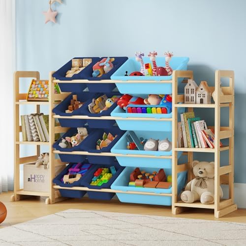 EXPERLAM Extra Large Toy Storage - Toy Storage Organizer, Wooden Toy Organizer with 6 Side Shelves and 12 Bins, 3-in-1 Bookshelf for Kids Rooms, Playroom, Nursery, Blue by EXPERLAM