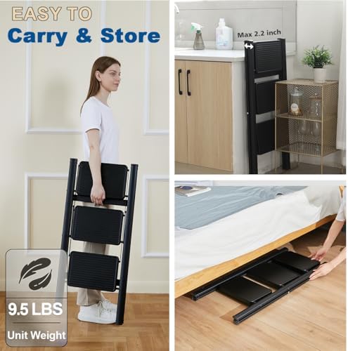 Double Elite Folding 3 Step Ladder, Sturdy Small Step Stool for Adults, Safer Full Steel Multi-use Kitchen Ladder for Home, Closet Step Stool Ladder with Wide Pedals, Black, 3-Step - Image 4