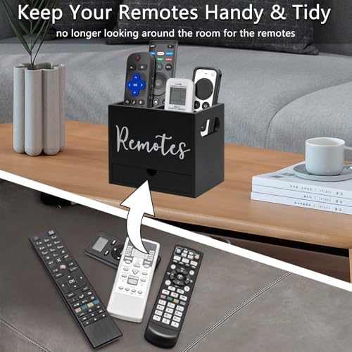 Remote Control Holder, 2 Slot TV Remote Holder& Desk Organizer with Drawers, Remote Organizer Caddy for Table, Wooden Remote Box for Nightstand,Media Storage Box for Living Room, Bed (Black) - Image 4