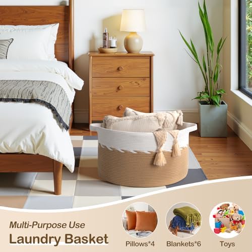 OIAHOMY 90L Extra Large Blanket Basket - Decorative Cotton Rope Storage Basket for Bedroom, Living Room & Nursery - Woven Laundry Hamper for Organizing Blankets, Clothes & Toys - Yellow & White - Image 3