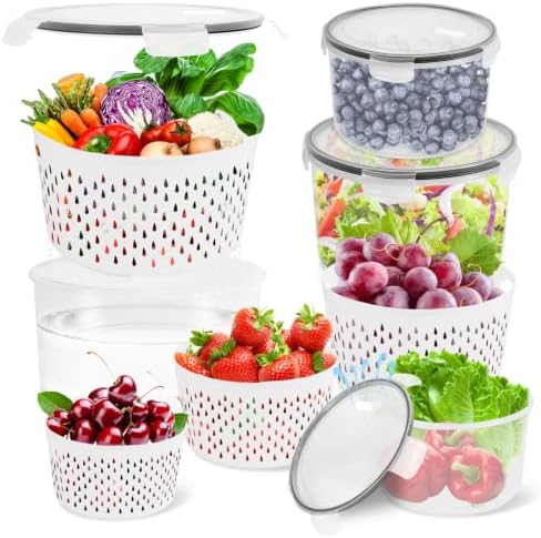 TBMax 8 Pieces Airtight Fruit Storage Containers for Fridge with Air Circulation Vent, 4 Pack Round Produce Saver with Colander for Berry Lettuce Salad Vegetable Storage, Refrigerator Organizers by TBMax