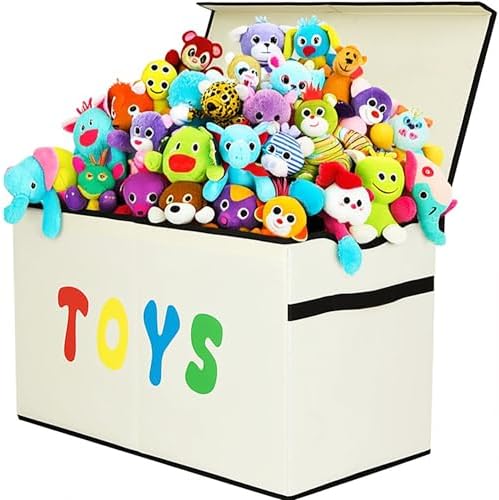 YOLOXO Toy Box Chest, Collapsible Sturdy Storage Bins with Lids, Extra Large Kids Toy Storage Organizer Boxes Bins Baskets for Kids, Boys, Girls, Nursery Room, Playroom, Closet (New Beige) by YOLOXO
