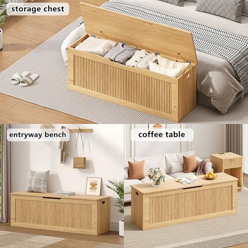 Akxomel 51.2" Fluted Storage Chest Wooden Storage Trunk 2 Safety Hinges Oak - Image 5