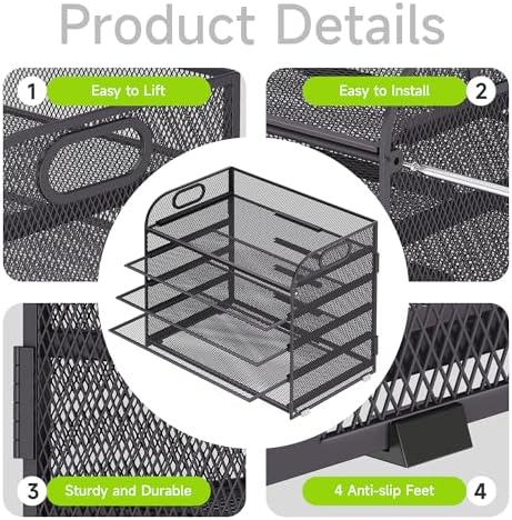 Cawukege 5 Tier Paper Organizer with Handle, Grey Metal Mesh Desk Organizer File Folder Paper Letter Tray Desktop Document Sorter for Classroom, School, Office Accessories Organization and Storage - Image 4