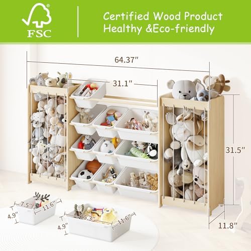 EXPERLAM Large Toy Storage Organizer, Wooden Stuffed Animal Storage & 12-Bins Toy Organizer, Double-Sided Plush Toy Holder Featuring Thicker Ropes, Space Save Playroom Nursery Bedroom Storage, White - Image 2