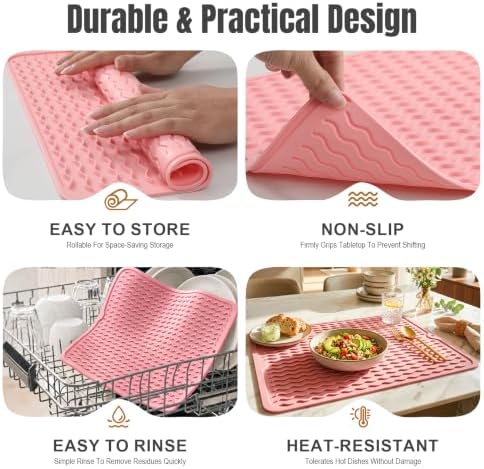 2 Pack Silicone Dish Drying Mat for Kitchen Counter Cooking Baking Liners Drawer Refrigerator Espresso Machine Station Utensil Holder Washer Trivets Oven Chef Gifts Large 18"x16" Pink - Image 6
