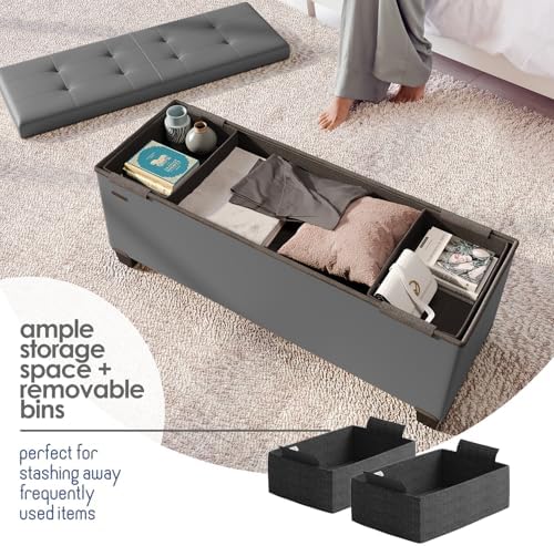 Storage Ottoman Bench with Bins, 43-in Storage Bench for Bedroom End of Bed, Folding Foot Rest Ottoman for Living Room Max 660lbs, Faux Leather Ottomans, Grey - Image 3