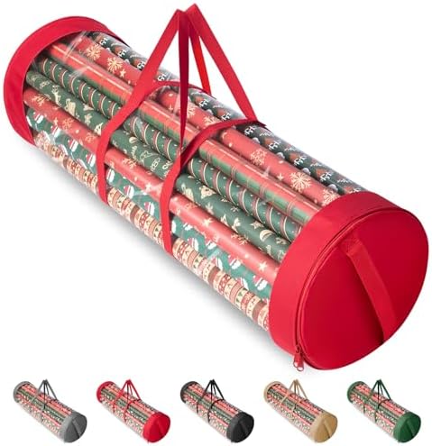 BALEINE Christmas Wrapping Paper Organizer Storage, 41" Gift Wrapping Paper Storage Containers, Clear PVC with Durable 600D Oxford Fabric Gift Wrap Paper Holder Fits 18-25 Rolls, Red by BALEINE