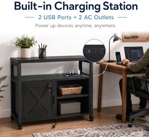 Mobile File Cabinet with Charging Station, Printer Stand, Black - Image 3