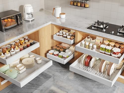 Seinloes 6 Pack Pull Out Cabinet Organizer 21"Deep with Raising Pad for Framed Cabinets,Expandable Slide Out Drawers with 4pcs Divider Racks,Roll Out Shelf Adhesive,Adjustable Width 12.05"-20.4"White by Seinloes