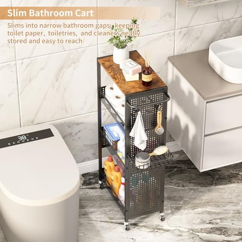 Slim Storage Rolling Cart: 4-Tier Narrow Metal & Wood Utility Cart with Wheels for Kitchen/Laundry/Bathroom(Black) - Image 5