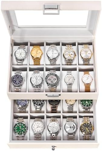 BEWISHOME Watch Case, 20-Slot Watch Box for Men with Large Glass Lid by BEWISHOME