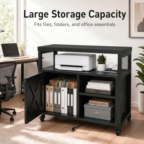 Mobile File Cabinet with Charging Station, Printer Stand, Black - Image 5