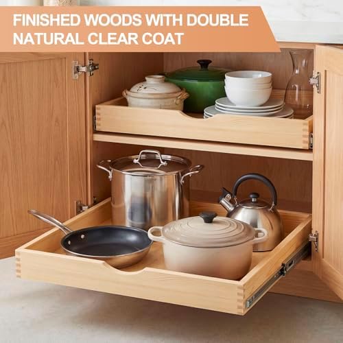 Menkxi 2 Set Wooden Pull out Cabinet Organizer Fully Assembled Slide out Pantry Drawer with Gentle Close Storage Shelf Tray for Base Kitchen Under Sink Bathroom Accessory(Wood Color,27'' X 21'' X 3") - Image 6