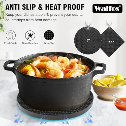 Walfos Silicone Trivet Mats - 4 Heat Resistant Pot Holders, Multipurpose Non-Slip Hot Pads for Kitchen Potholders, Hot Dishers, Jar Opener, Spoon Holder, Food Grade Silicone & BPA Free (Black) - Image 6