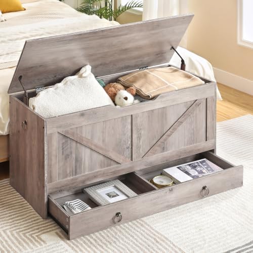 HOOBRO Storage Chest, 39.3" Toy Chest with Drawer, Wooden Storage Bench, Sturdy Entryway Bench Supports 330 lb, Safety Hinge, U-Shaped Opening, Easy Assembly, Greige BG710CW01G2 - Image 4