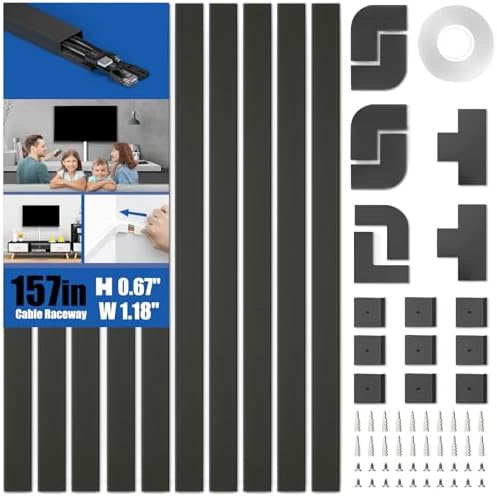 Delamu 157in Cord Hider, Cord Cover Wall Cable Management, Paintable Wire Cover for Cords, Cable Hider Raceway Kit, Cable Cover Concealer, Wire Hiders for TV on Wall, 10 X L15.7 W1.18 H0.6in, Black by DELAMU