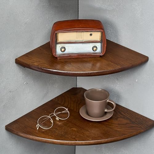 Corner Shelves, Floating Corner Shelf, Set of 2 12inch Solid Oak Wood Corner Wall Shelves, Round End with Wire Hole for Small Plant for Bedroom Kitchen, Living Room by Coamily