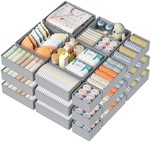 DIMJ Drawer Organizer Clothes 24 Pack - Foldable Baby Organizers and Storage & Dresser Organizer for Bedroom, Closet - Nursery Organization Dresser Dividers for underwear, Sock,Bra, Belt, Tie, Gray by DiMJ