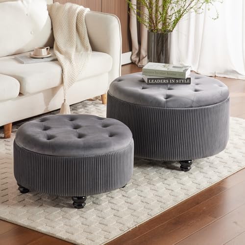 Round Storage Ottoman Coffee Table Set of 2, Gray, 29'' & 24.5'' by YYWHOME