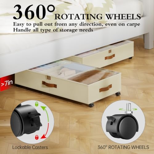 Yecaye Under Bed Storage with Wheels, 4 Pack Under Bed Storage Containers with Adjustable Dividers & Clear Window, Rolling Underbed Organizer Bins Drawers for Clothes, Shoes, Blankets, Beige - Image 4