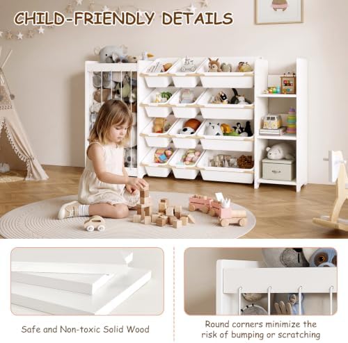 EXPERLAM 3-in-1 Kids Toy Storage Organizer, White Solid Wood, White Bins - Image 3