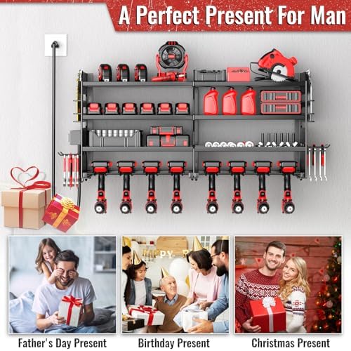 Large Power Tool Organizer Wall Mount with Charging Station, 4 Layer Heavy Duty Metal Cordless Tool Organizer, Tool Storage Rack with 8 Cordless Drill Holder Screwdriver Hammer(Black) - Image 6