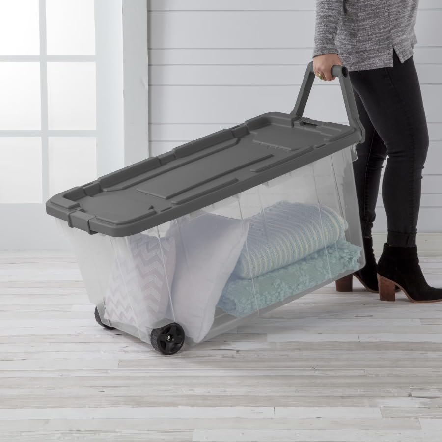 160 Quart Extra-Large Wheeled Storage Bin, Clear, Dark Gray - Image 4