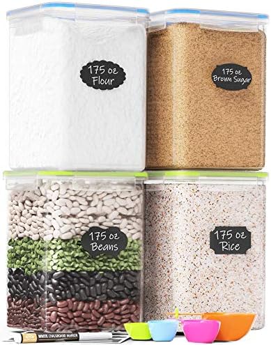 Chef's Path Kitchen Storage Box Set of 4 Extra Large Airtight Food Storage Jars for Sugar Flour Cereal Rice - Measuring Spoons, Pen and Food Preservation Labels (5.2 L) by ChefsPath