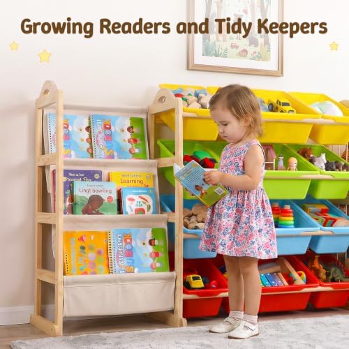 LAMU 3-in-1 Toy Storage Organizer with 3-Tier Bookshelf, Stuffed Animal Storage with 12 Bins and 4 Shelves, Wooden Book Shelf for Playroom Kids Room Nursery Bedroom Living Room Decor, Rainbow - Image 2