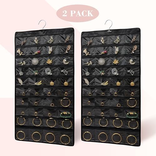 2 PACK (Each Pack 80 Pockets,Total 160 Pockets) Hanging Jewelry Organizer with Hanger Metal Hooks Storage On Wall Door Closet Double-Sided Jewelry Holder for Earrings, Necklaces, Rings (2 Pcs Black) - Image 6