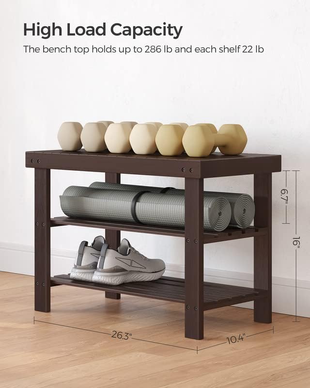 SONGMICS Shoe Rack Bench, 3-Tier Bamboo Shoe Storage Organizer, Entryway Bench, Holds Up to 286 lb, 11.3 x 27.6 x 17.8 Inches, for Entryway Bathroom Bedroom, Brown ULBS04Z - Image 3