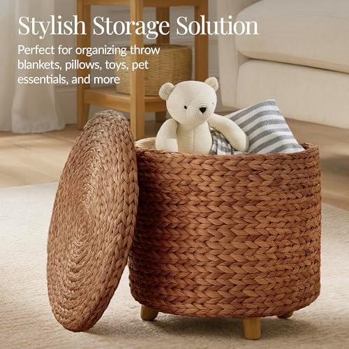 Best Choice Products 17" Round Storage Ottoman W/Lid, Handwoven Water Hyacinth Footstool, Footrest w/Wooden Legs, Accent Side Table, Storage Container, Plant Stand - Chestnut - Image 3