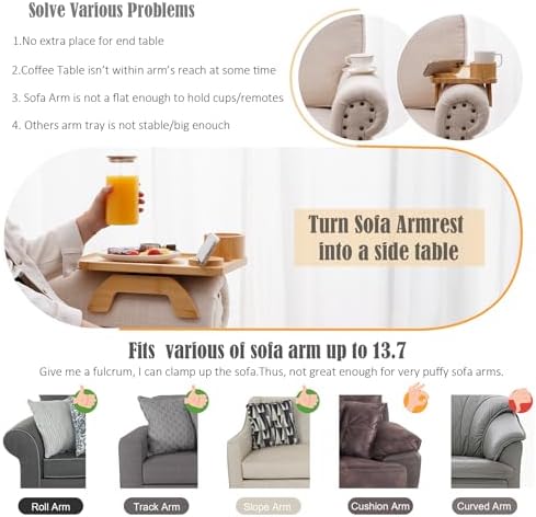 Nnewvante Couch Cup Holder Tray, 3 in 1 Bamboo Sofa Arm Clip-on Tray - Image 3