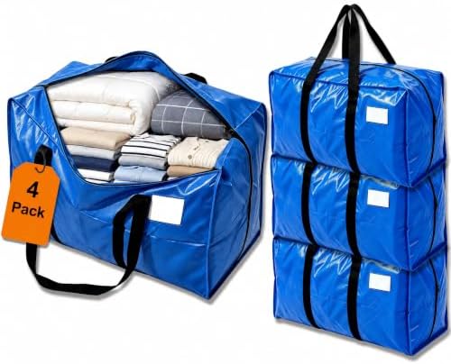 24 GAL Heavy Duty Moving Bags Blue 4 Pack - Backpack Straps & Handles, Large Zipper Storage Bags for Clothes, Water-Resistant College Dorm & Moving Essentials by JVLJVL